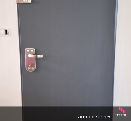 דלת אפורה עם ידית מתכת ובריח עליון